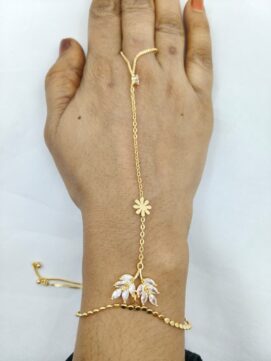 Gold-Tone Crystal Leaf Flower Hathphool Bracelet Finger Chain - Adjustable
