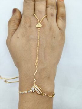 Gold-Tone Crystal Heart Wing Hathphool Bracelet Finger Chain - Adjustable