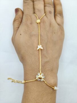 Gold-Tone White Enamel Butterfly Crystal Flower Hathphool Bracelet Finger Chain - Adjustable