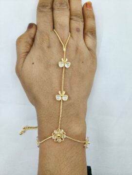 Gold-Tone Crystal Flower Butterfly Hathphool Bracelet Finger Chain - Adjustable