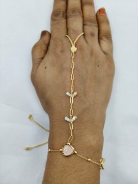 Gold-Tone Pink Enamel Stone Baguette Crystal Hathphool Bracelet Finger Chain - Adjustable