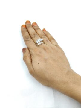 Shimmering Silver-Tone Ring with Milky White Leaf Accents