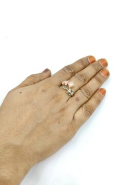 Elegant Rose Gold Tone Ring with Teal Leaf Accents