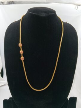 Gold-Plated Side Ball Long Chain Necklace with Pink Stone Accents