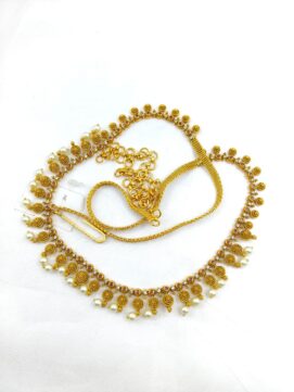 R OTTIYANAM 4 Antique Gold-Tone Temple Waist Belt with Ruby Stones & Pearl Drops