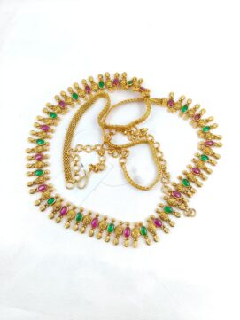 R OTTIYANAM 5 Antique Gold-Tone Temple Waist Belt with Ruby-Green Kemp Stones