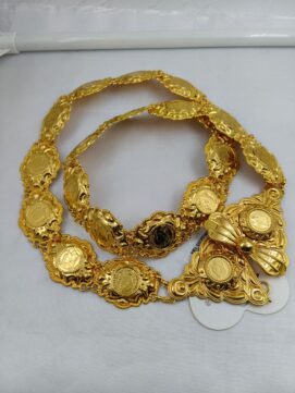 CNA HIP BELT04 B8 High Polish Gold-Tone Coin Motif Waist Belt with Statement Bow Centerpiece