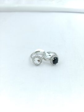 CNA RING 01 Silver-Tone Oval Solitaire Halo Couple Rings Set