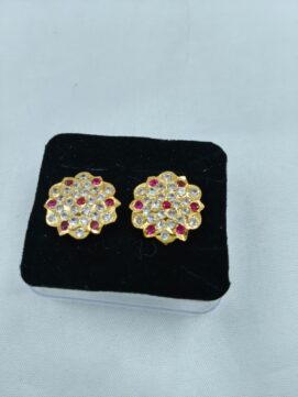 THA CHAIN 370 Gold-Tone Pink-White Stone Floral Stud Earrings