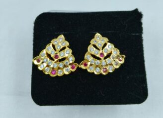 THA STUD04-290 Gold-Tone Pink-White Stone Leaf Stud Earrings