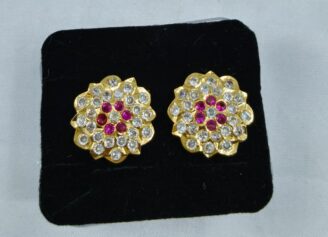 THA CHAIN 370 Gold-Tone Pink-White Stone Floral Stud Earrings