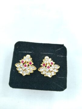 THA CHAIN 370 Gold-Tone Pink-White Stone Leaf Cluster Stud Earrings