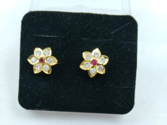 THA STUD 150 Gold-Tone Pink-White Stone Flower Stud Earrings