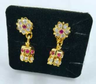 THA STUD 240 Gold-Tone Pink-White Stone Floral Drop Earrings
