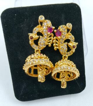 TH ER10-CZJI821 Gold-Tone CZ Peacock Jhumka Earrings