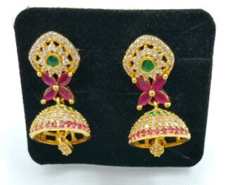 TH ER18-CZJI1070 Gold-Tone Multicolor CZ Floral Jhumka Earrings