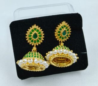 RRR ER14 520 Gold-Tone Green Stone & Pearl Jhumka Earrings
