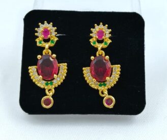 TH ER14-CZTS2820 Gold-Tone Ruby Red CZ Stone Drop Earrings