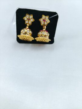 THA CHAIN 420 Gold-Tone White & Ruby Stone Floral Jhumka Earrings