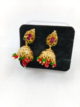 TH ER16-ADJI336 Gold-Tone Ruby-Green Stone Beaded Jhumka Earrings