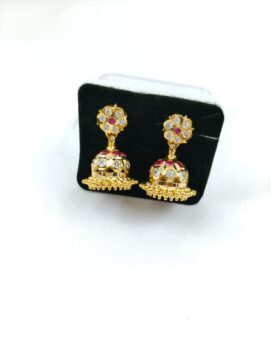 THA CHAIN 420 Gold-Tone White & Ruby Stone Floral Jhumka Earrings