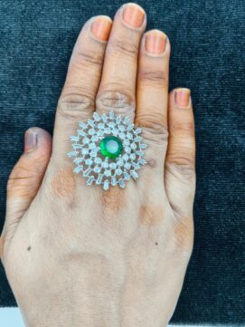 [SKU] Silver-Tone Green Stone American Diamond Sunburst Cocktail Ring
