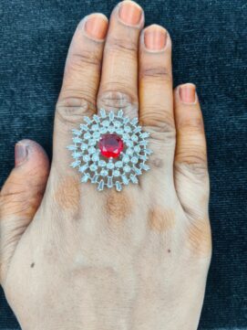 [SKU] Silver-Tone Ruby Red Stone American Diamond Sunburst Cocktail Ring