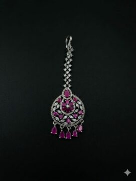 Rhodium Plated AD Stone Maang Tikka | Ruby Pink Floral Nethi Chutti with Teardrop Hangings