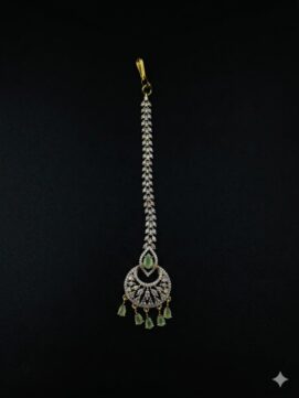 Gold Plated AD Stone Maang Tikka | White CZ & Mint Green Chandbali Nethi Chutti