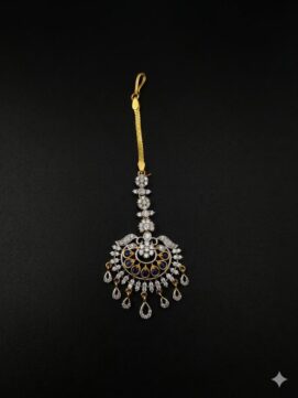 Dual Tone Gold & Rhodium Plated AD Stone Maang Tikka | White & Blue Sapphire Nethi Chutti