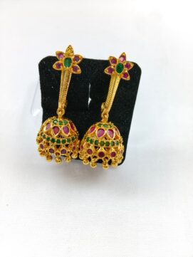 TH ER15-CZJI824 Gold-Tone Ruby Green Stone Flower Top Temple Jhumka Earrings