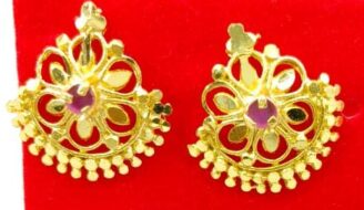 R ER 35 Gold-Tone Ruby Pink Stone Floral Jali Stud Earrings