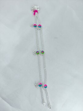 TH ANGLET 220N Silver Look Double Chain Anklet with Multicolor Enamel Flower & Ghungroo for Women