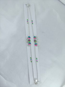 TH ANGLET 180 Colorful Enamel Flower Silver Look Chain Anklet with Ghungroo Payal for Girls