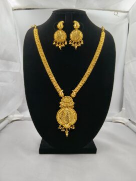 Premium Matte Gold Kemp Haram Necklace Set – Heritage South Indian Peacock Temple Long Gown Necklace with Matching Jhumkas