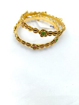 R BANGLA580N - Antique Gold Tone Floral Stone Designer Bangles Set of 2