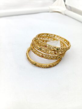 R BANGLA640N - Antique Gold Tone Floral Cut Work Stone Bangles Set of 4