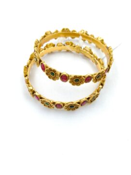 R BANGLA440N - Antique Gold Tone Floral Stone Designer Bangles Set of 2