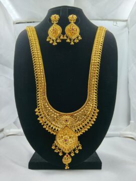 R HARAM8600N - Grand Bridal Temple Long Haram Set with Heavy Pendant & Earrings