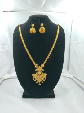 R HARAM43 - Gold Tone South Indian Chain Haram Set with Designer Pendant & Jhumka Earrings