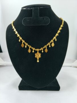 R NECKLACE 480N - Gold Tone Leaf Drop Chain Necklace with AD Stone Floral Pendant